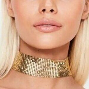 Choker Necklace Metallic Mesh Gold Adjustable Bold Glam Trendy Hollywood Disco